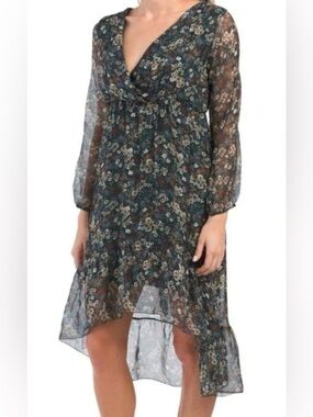 EUC ELENA BALDI Dress MED Silk Blend Floral Chiffon Flowy Hi Lo Boho Black Multi
